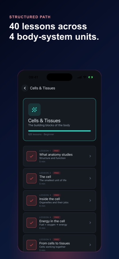 Cells & Tissues unit screen listing lessons including What anatomy studies, The cell, Inside the cell, Energy in the cell, and From cells to tissues, each with a short read time
