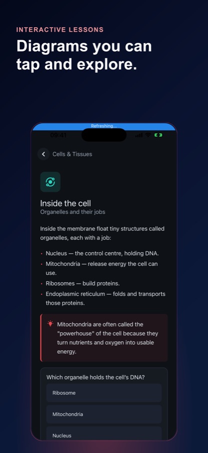 Lesson screen titled Inside the cell describing organelles, with a highlighted note about mitochondria and a multiple-choice question about which organelle holds DNA