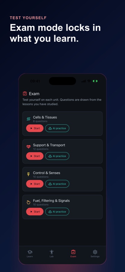 Exam tab listing unit exams — Cells & Tissues, Support & Transport, Control & Senses, and Fuel, Filtering & Signals — each with a Start button and an AI practice button