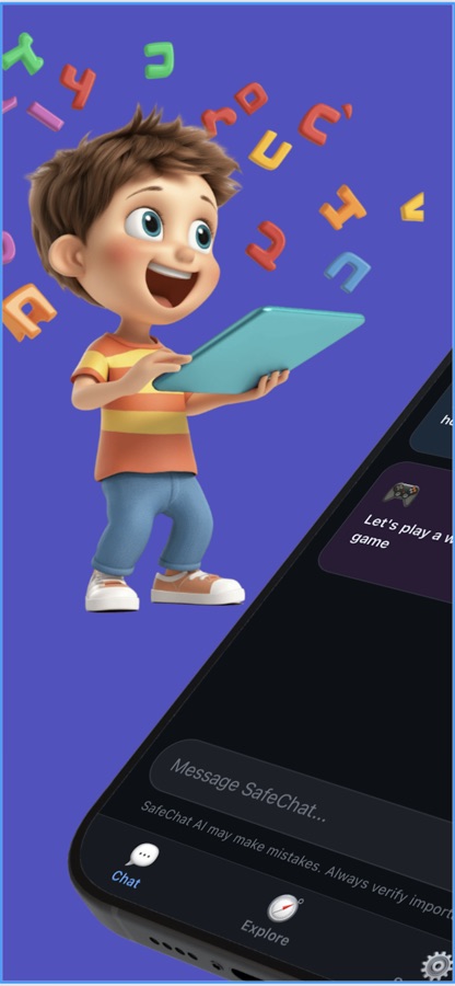 Illustrated SafeChat AI character next to a phone showing the chat screen with a message box and Chat and Explore tabs