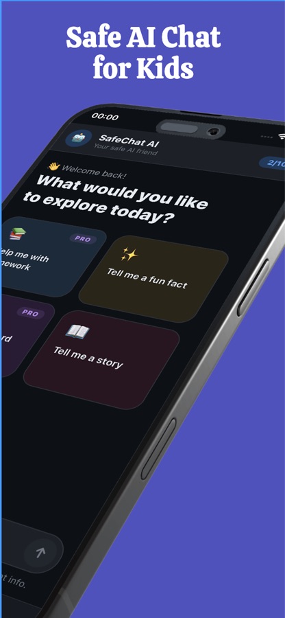 SafeChat AI chat screen showing a daily message counter and suggested prompts including homework help and telling a story