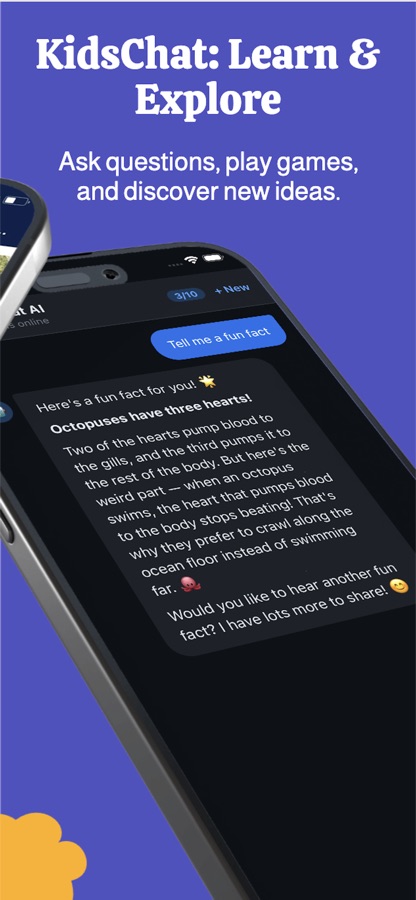 SafeChat AI conversation answering a fun fact question about octopus hearts, with a message counter and an offer to share another fact