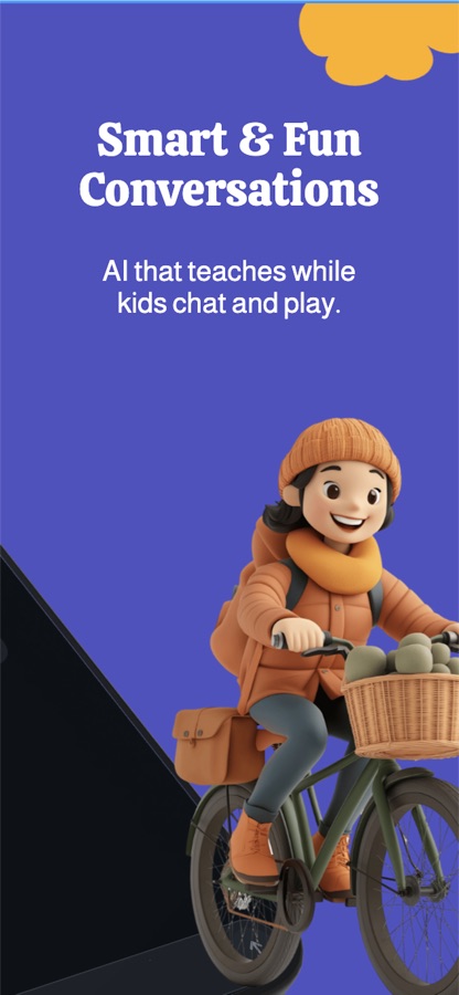 SafeChat AI promotional screen reading Smart and Fun Conversations, AI that teaches while kids chat and play