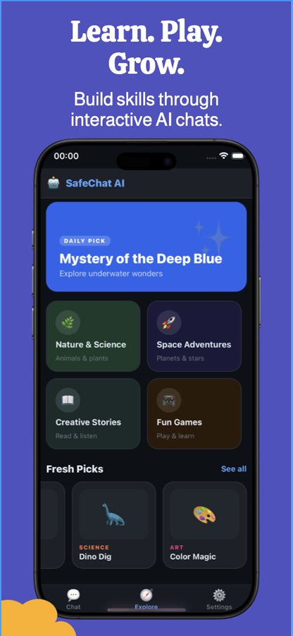 SafeChat AI Explore tab showing a Daily Pick card, category tiles for Nature and Science, Space Adventures, Creative Stories and Fun Games, and Fresh Picks