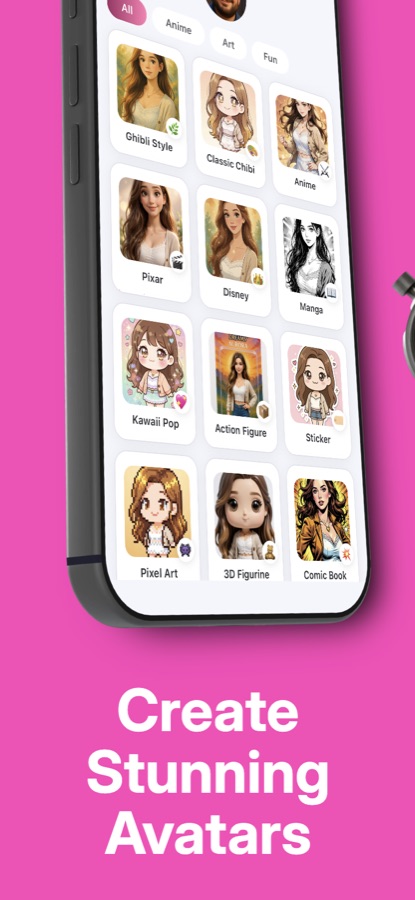 Chibify style gallery grid with All, Anime, Art and Fun tabs, showing style tiles labelled Ghibli Style, Classic Chibi, Anime, Pixar, Disney, Manga, Kawaii Pop, Action Figure, Sticker, Pixel Art, 3D Figurine and Comic Book