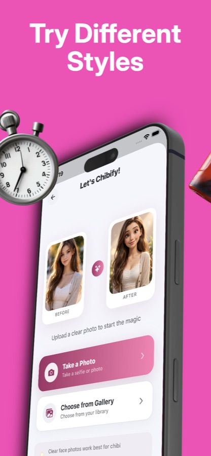 Chibify Let's Chibify screen with a before photo and an after chibi result side by side, and Take a Photo and Choose from Gallery buttons below a note that clear face photos work best