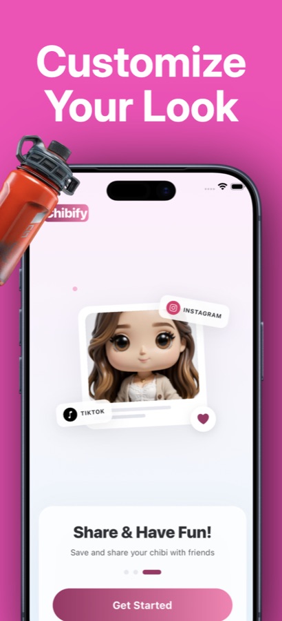 Chibify screen titled Customize Your Look showing a finished chibi portrait card with Instagram and TikTok share icons and a heart like icon, above Share and Have Fun text and a Get Started button