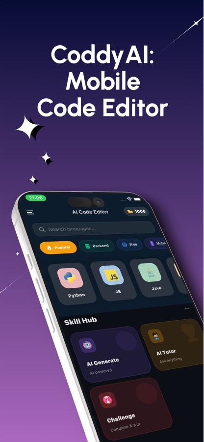 AI Code Editor home screen showing a language search bar, category filters and a Skill Hub