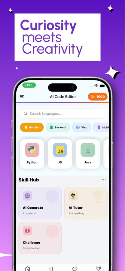 AI Code Editor home screen with the language grid and Skill Hub cards for AI Generate, AI Tutor and Challenge