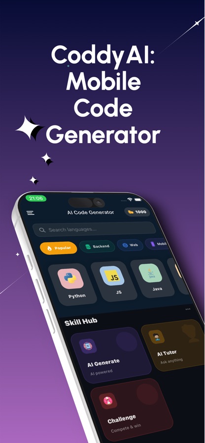 AI Code Generator home screen listing programming languages and Skill Hub cards