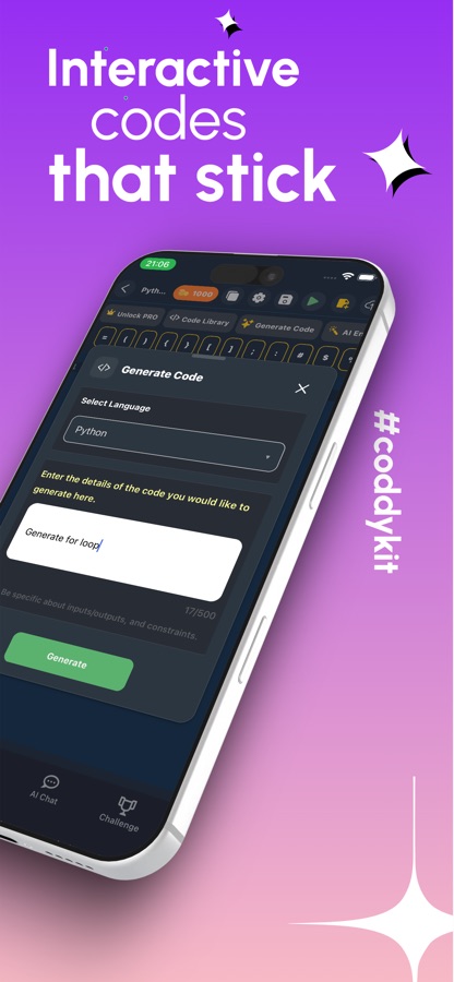 AI Code Generator Generate Code panel with a language dropdown and a prompt field
