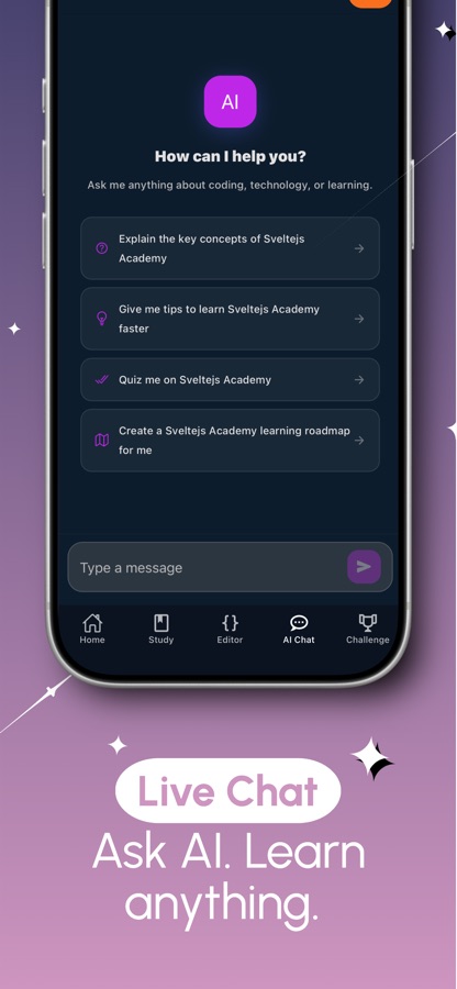 AI Code Generator AI chat screen with suggested questions about a course topic