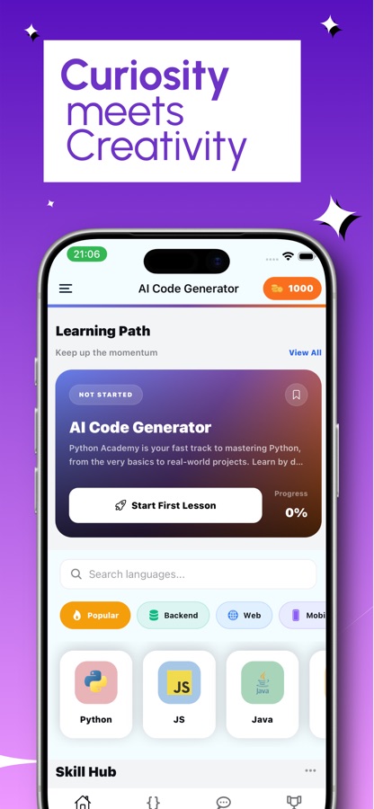 AI Code Generator home screen showing a learning path card above the language grid