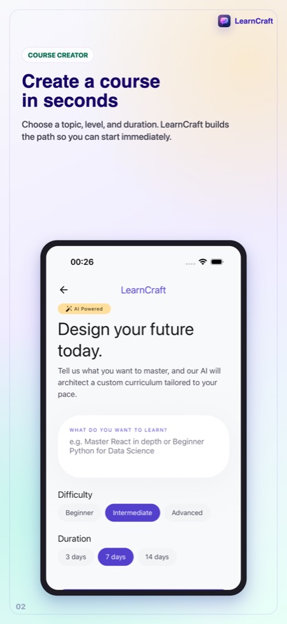 Course creation screen with a topic field and difficulty and duration choices
