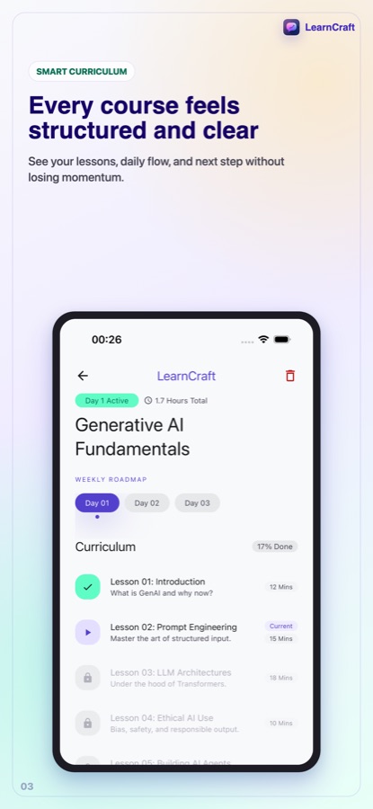 Curriculum screen for a course with a day selector and a list of lessons with minutes