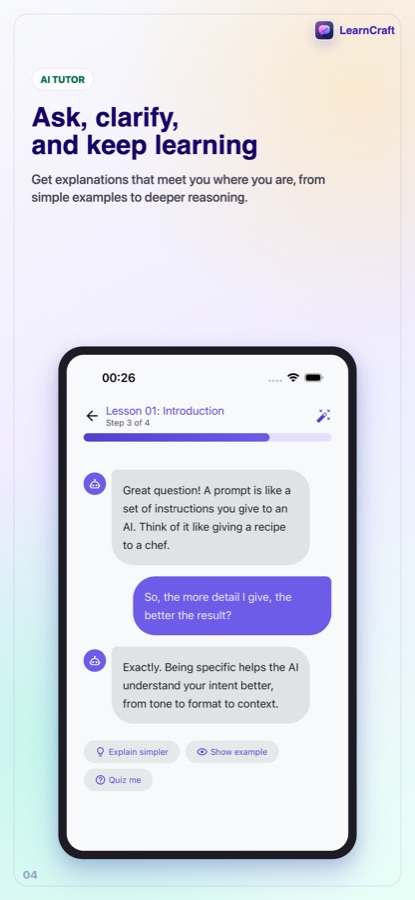 Lesson chat with an explanation and buttons Explain simpler, Show example and Quiz me