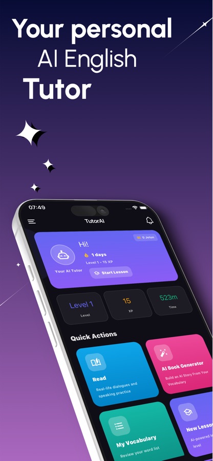 AI English Tutor home screen showing level, XP, time practiced and quick actions for reading, the AI book generator and vocabulary
