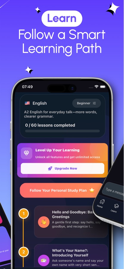 AI English Tutor learning path screen showing an A2 level with lessons completed and upcoming lessons like greetings and introductions