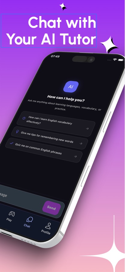 AI English Tutor chat screen with the AI tutor and suggested conversation prompts