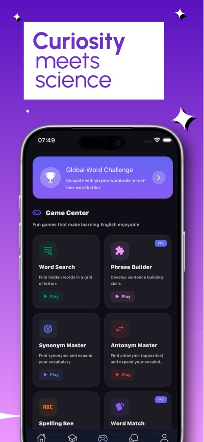 AI English Tutor game center screen listing word games including Word Search, Phrase Builder, Synonym Master and Antonym Master