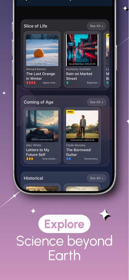 AI English Tutor AI book generator library showing generated stories grouped by genre with author names and difficulty levels