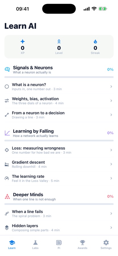 AI Lab Learn tab showing XP, level and streak above a list of lessons in the Signals & Neurons, Learning by Falling and Deeper Minds worlds