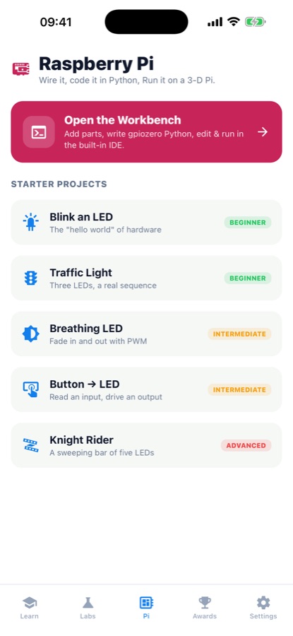 AI Lab Raspberry Pi tab with an Open the Workbench button and five starter electronics projects from Blink an LED to Knight Rider