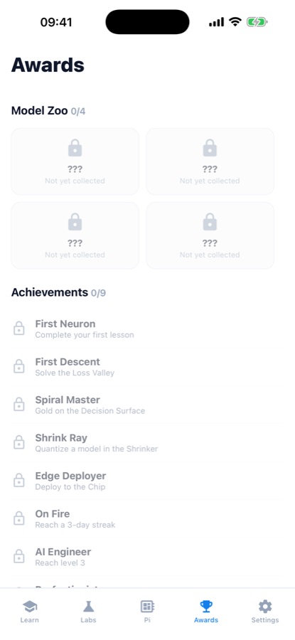 AI Lab Awards tab showing a four-card Model Zoo and a list of nine achievements such as First Neuron and Shrink Ray
