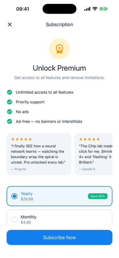 AI Lab Pro upgrade screen listing full access to every lab and project, no ads, and monthly or annual pricing