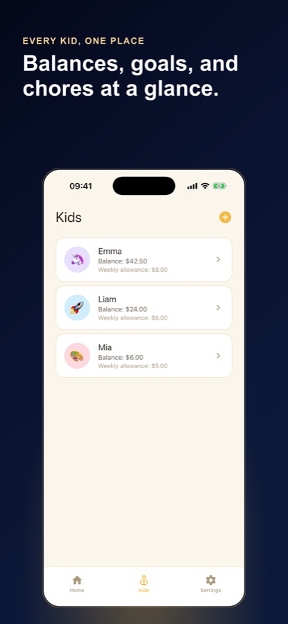 Kids screen listing each child with an avatar, their current balance, and their weekly allowance amount