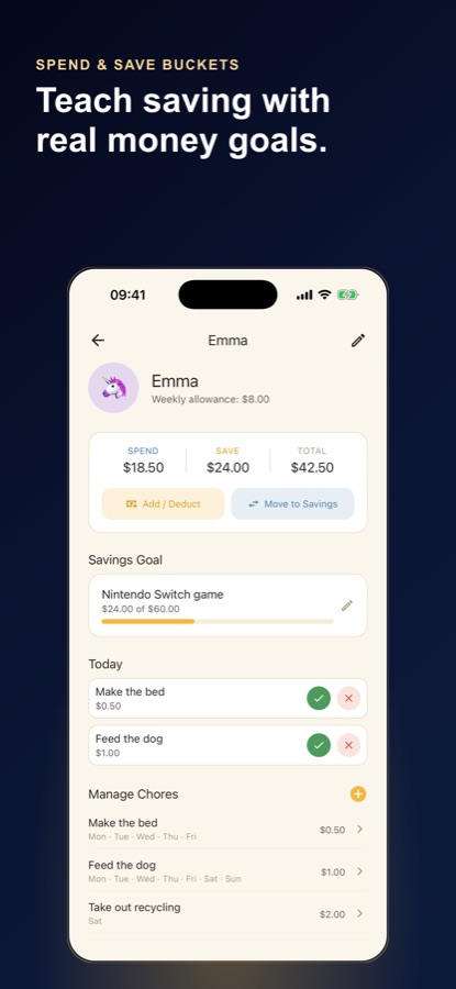 A child's detail screen showing Spend, Save and Total balances, a named savings goal with a progress bar, today's chores, and the full chore list with schedules and amounts