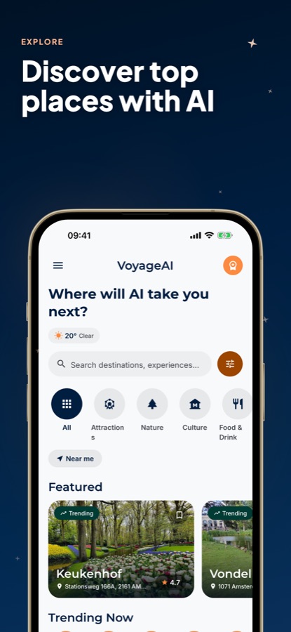 AI Travel Guide - Amsterdam explore screen with search, category filters and featured places