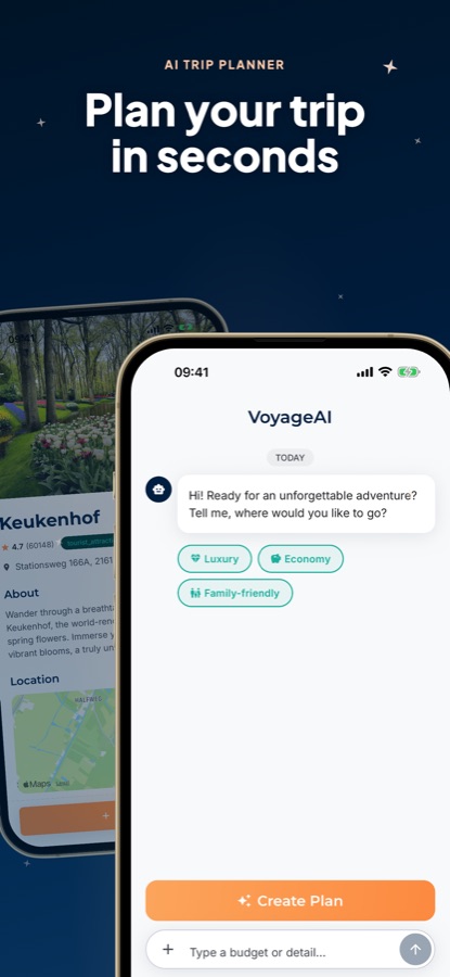 AI Travel Guide - Amsterdam AI trip planner chat screen with budget style options
