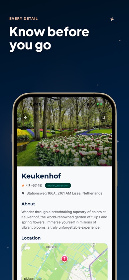 AI Travel Guide - Amsterdam place detail screen for Keukenhof with rating, address and opening hours