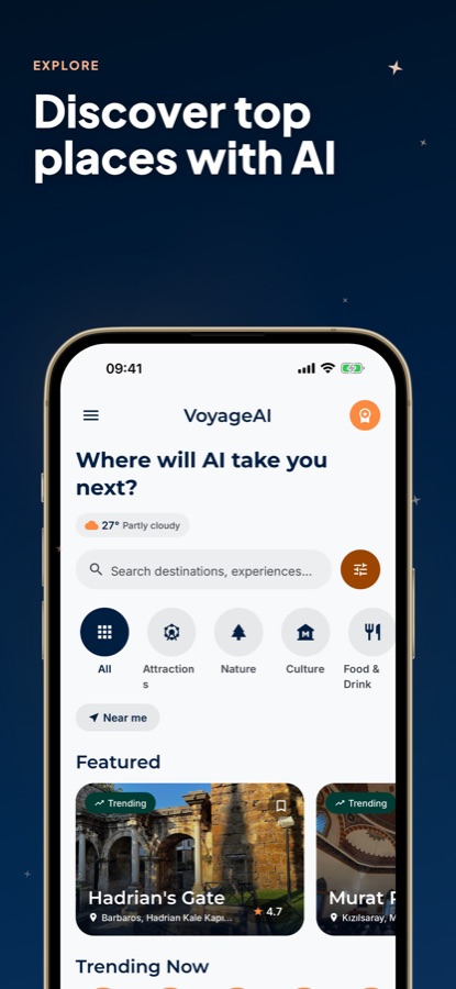AI Travel Guide - Antalya explore screen with search, category filters and featured places including Hadrian's Gate