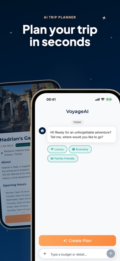 AI Travel Guide - Antalya AI trip planner chat screen with budget style options and Hadrian's Gate detail behind it