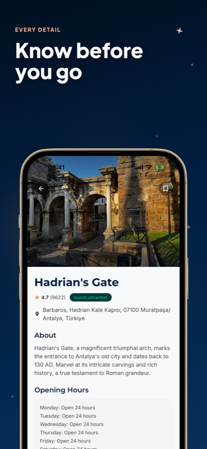 AI Travel Guide - Antalya place detail screen for Hadrian's Gate with rating, address and opening hours