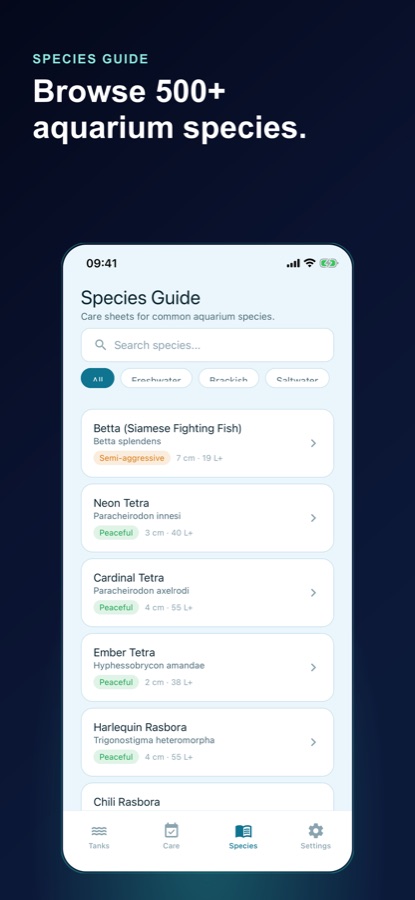 Species Guide screen with a search field, freshwater, brackish and saltwater filters, and a list of species showing temperament, adult size and minimum tank volume