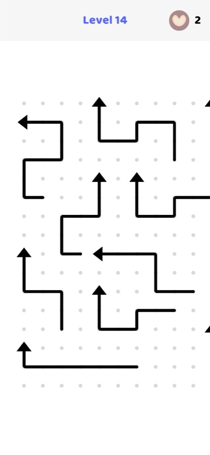 Arrows level 14 showing a dense grid of arrows pointing in different directions with a life counter showing 2