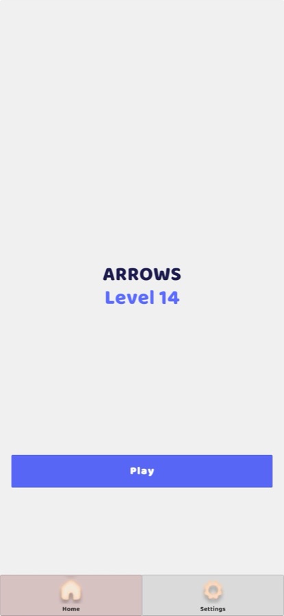 Arrows home screen showing Level 14 and a Play button with Home and Settings tabs
