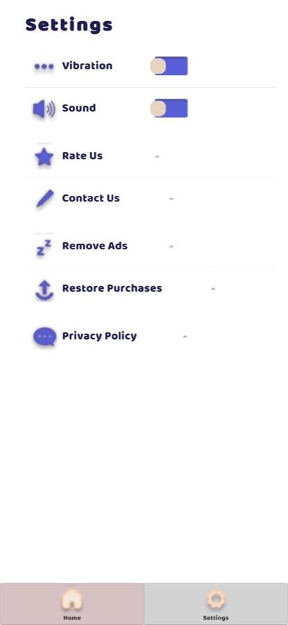 Arrows settings screen with vibration and sound toggles, Rate Us, Contact Us, Remove Ads and Restore Purchases