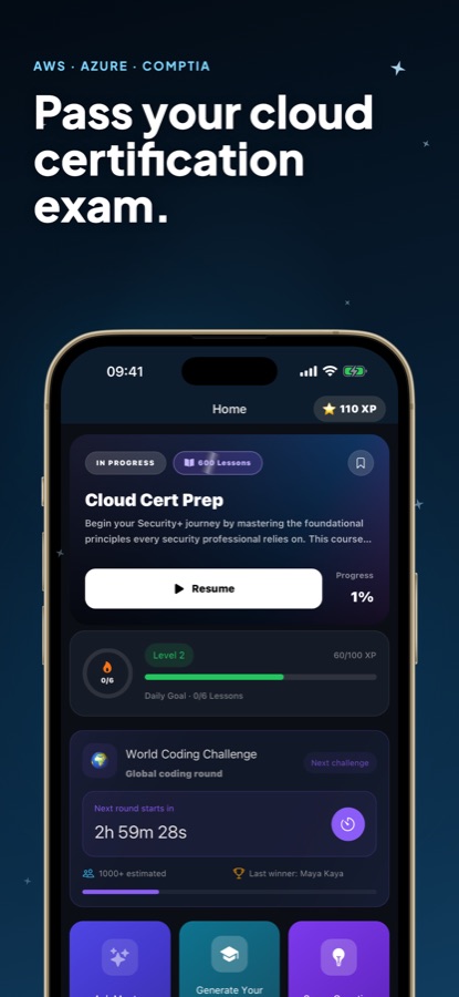 الشاشة الرئيسية لتطبيق Cloud Cert Prep، وتضم بطاقة متابعة، وهدفًا يوميًا، وعداد XP