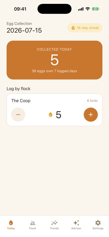 Backyard Chickens home screen showing today's egg log entry and recent egg collection history
