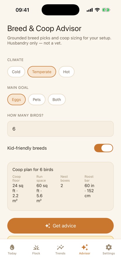 AI advisor screen answering a question about breeds and coop sizing