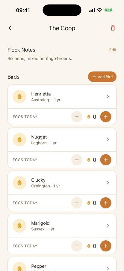 Individual hen detail screen showing breed, age, and that bird's production history