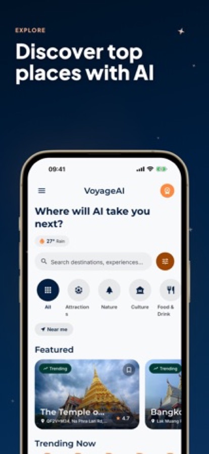Bangkok: AI Trip Planner explore screen with search, category filters and featured Bangkok temples