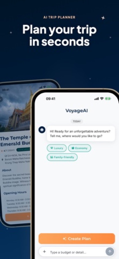 Bangkok: AI Trip Planner AI trip planner chat screen with budget style options over the Temple of the Emerald Buddha