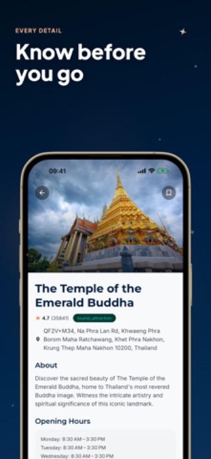 Bangkok: AI Trip Planner place detail screen for the Temple of the Emerald Buddha with rating, address and opening hours