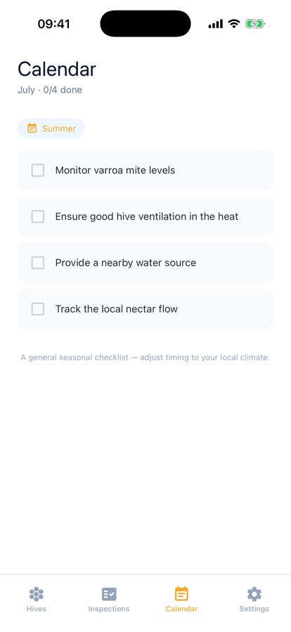 Apiary calendar screen showing upcoming and past inspections, treatments, and harvests