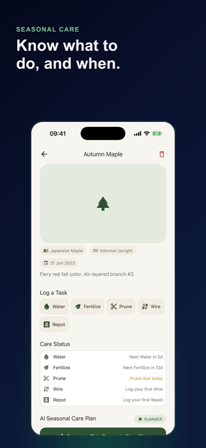 Bonsai Care screen showing a single tree's details and its logged care tasks